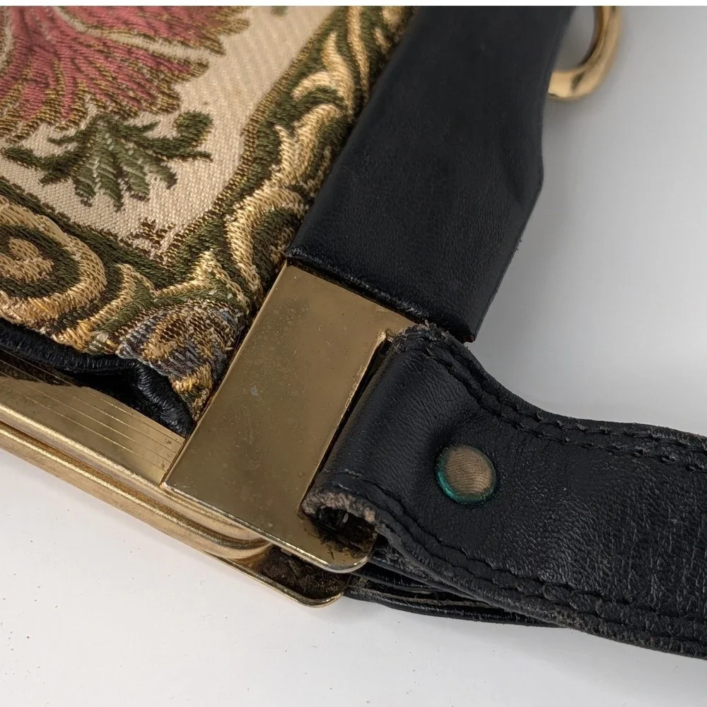 Vintage Made in Germany Floral Tapestry Black Leather Shoulder Bag Handbag Gold